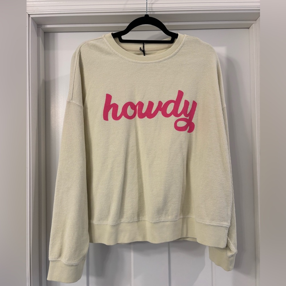 NWT Thread & Supply Light Yellow + Pink Howdy Ribbed Crewneck Sweatshirt Large